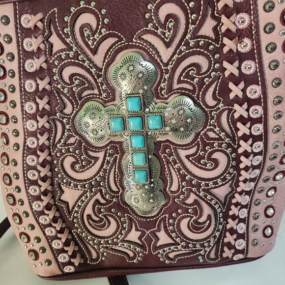 Montana West Torquoise Silver Cross Western Studded Rhinestone Crossbody Bag - Picture 3 of 7